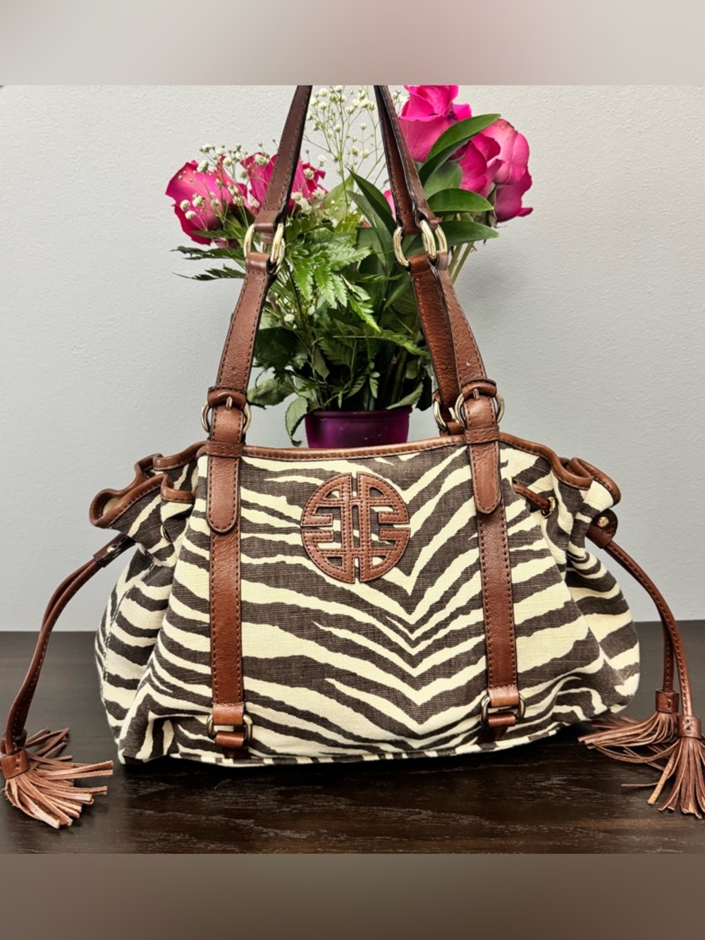 Antonio Melani Statement Tote Zebra Print Brown Leather Trim Shoulder Bag